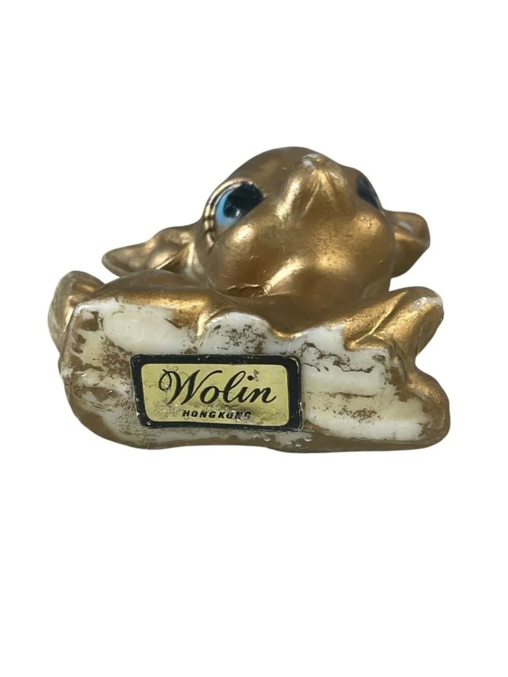 Vintage Wolin Hong Kong Gold Deer Fawn Figurine Chalkware Blue Eyes Collectible